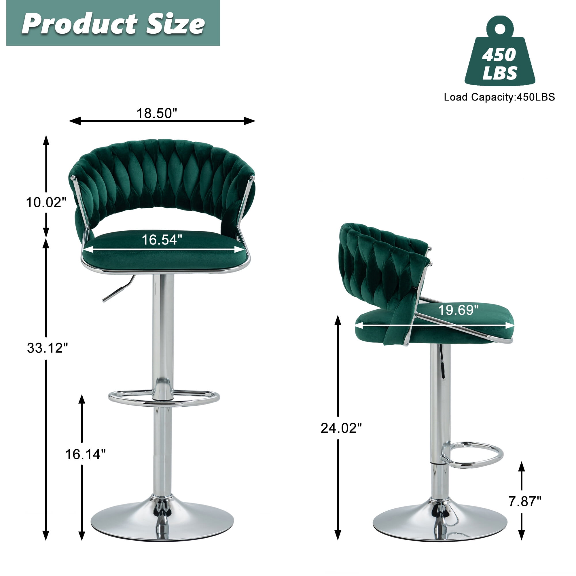 UIXE Green Velvet Bar Stools Set of 4 Modern High Back Swivel Barstool for Kitchen Counter Square Island