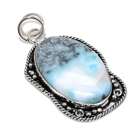 Natural Caribbean Larimar Gemstone 925 Sterling Silver Pendant 2.36"