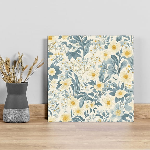 Spring Meadow Blooms Wall Art Painting on Canvas, Teal Yellow Botanical Canvas Art Home Prints Wall Art Framed Modern Artwork for Living Room Bedroom Wall Decor 16x16in