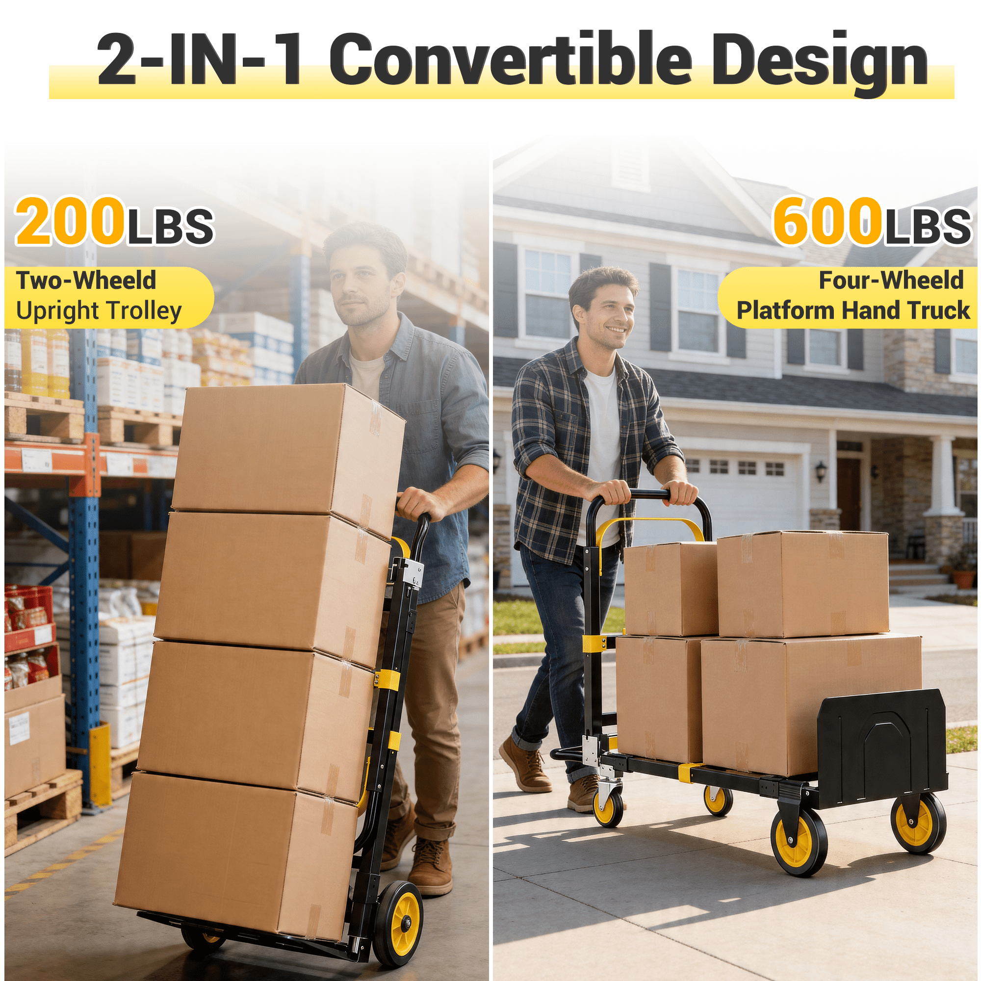 Gewna 2 in 1 Folding Hand Truck with Retractable Handle and 4 Rubber Wheels, Heavy Duty Dolly Cart 600lbs Load Capacity for Moving,Travel,Office Use