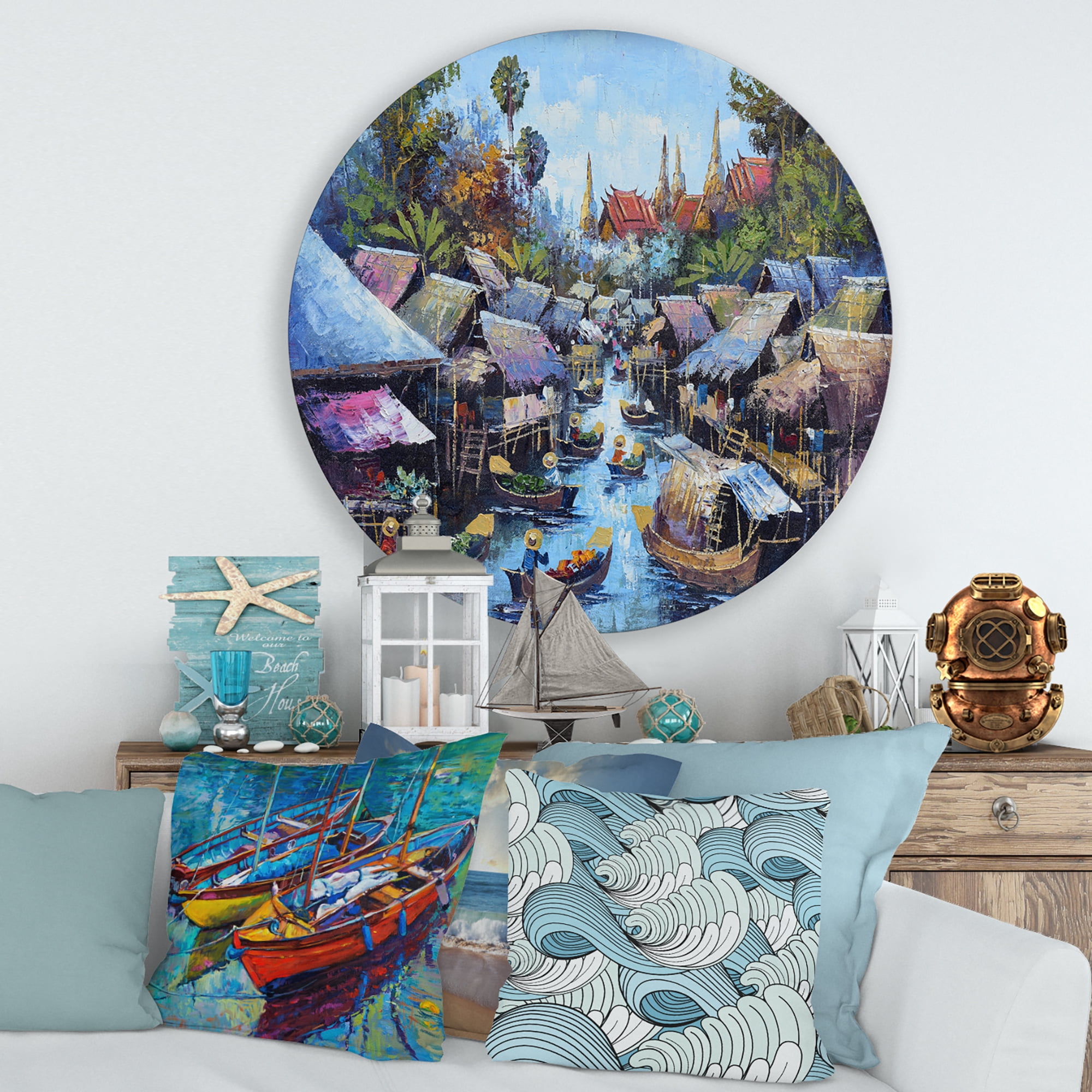 Designart 'Ancient Waterside Life I' Traditional Circle Metal Wall Art 29x29 - Disc of 29