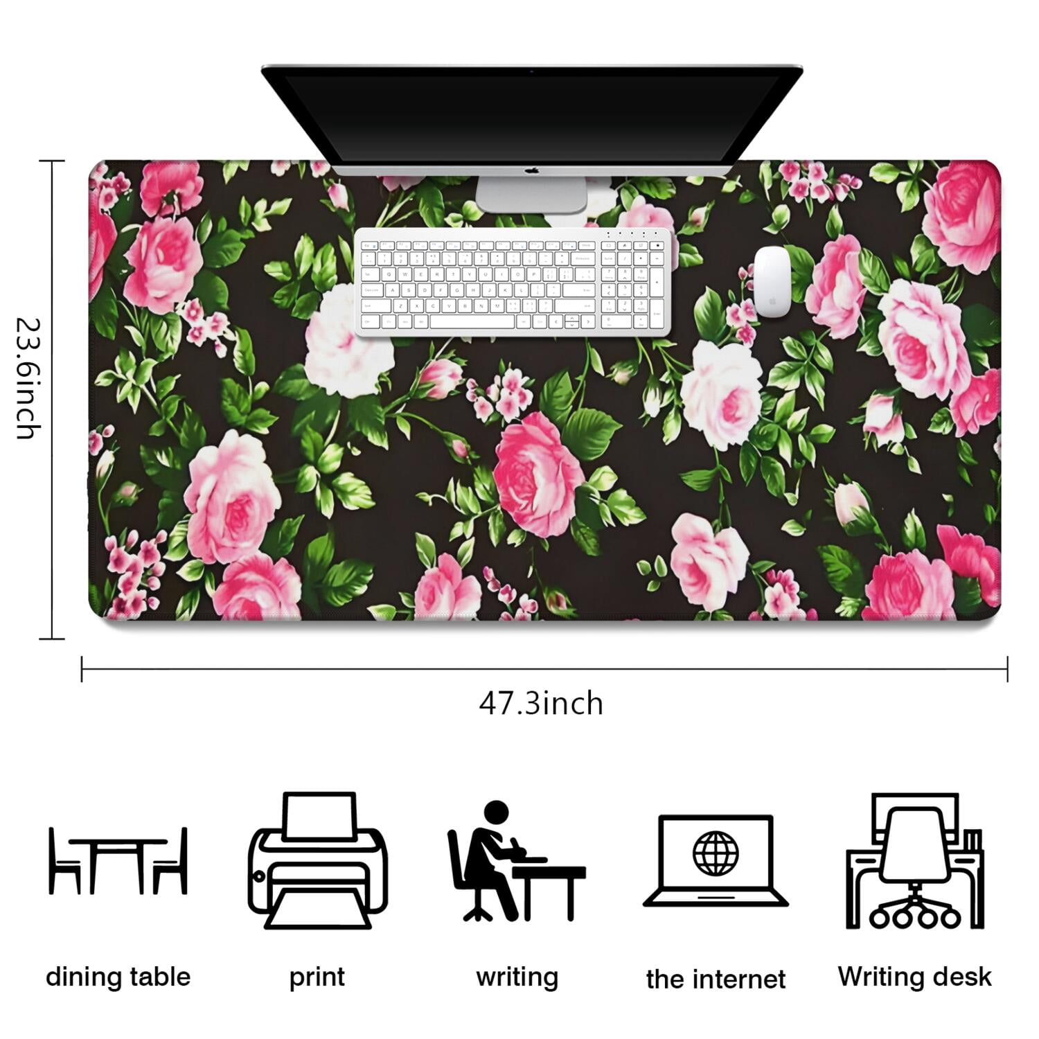 Long Mouse Pads for Desk,Pioneer Flower Floral Print Pattern Desk Mats on Top Of Desks, Desk Mouse Pad Extra Large with 3mm Non-Slip Base and Stitched Edge for Gaming,Office,Work,Home 47.3"x23.6"
