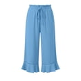 thumbnail image 5 of KLHDSF Pants For Women Drawstring Elastic Waist Cropped Pants with Pockets And Ruffle Hem Cotton Linen Solid Summer Trousers Sky BlueL, 5 of 7