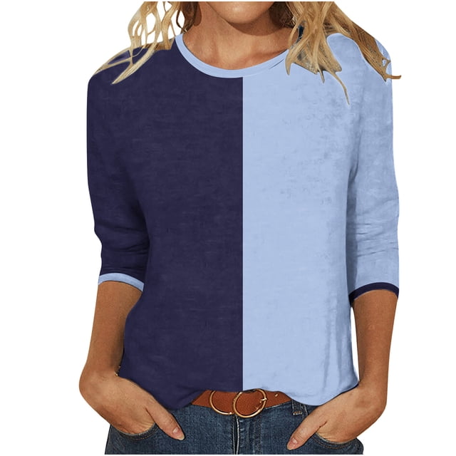 aidice 3/4 Length Sleeve Womens Tops Casual Round Neck Fitting Comfy Shirts Color Block Tee Shirts