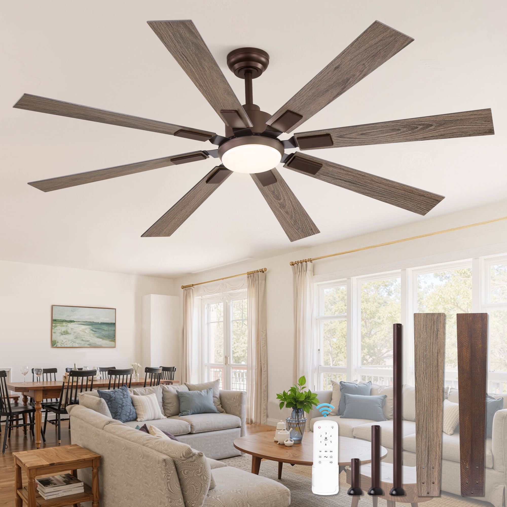 Zardon 62 inch Ceiling Fan with Light and Remote Control - Quiet DC Motor, 6 Speeds, Dual Finish Blades for Indoor Use - Oil Bronze