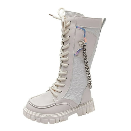 eileial Autumn and Winter Children s Shoes Fashionable Mid High Boots Children s Single Boots Parent Child Chain Leather Boots(Beige 10.5-11 Years)