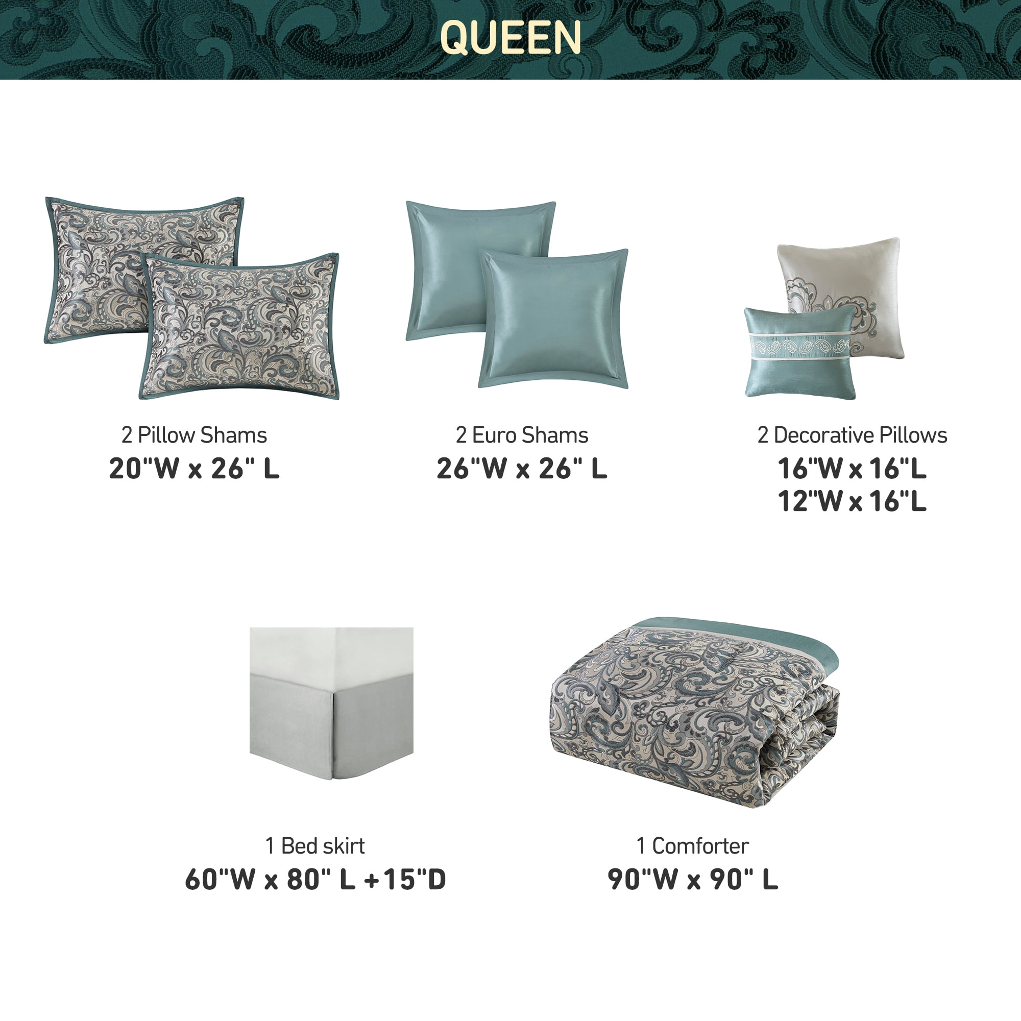 Regency Heights 8 Pieces Jacquard Comforter Set with Bedskirt and Decor Pillows, Queen, Teal
