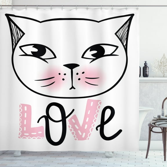 Ambesonne Cat Shower Curtain, Kitten Face and Love Typography, 69"Wx75"L, Pale Pink Dark Grey