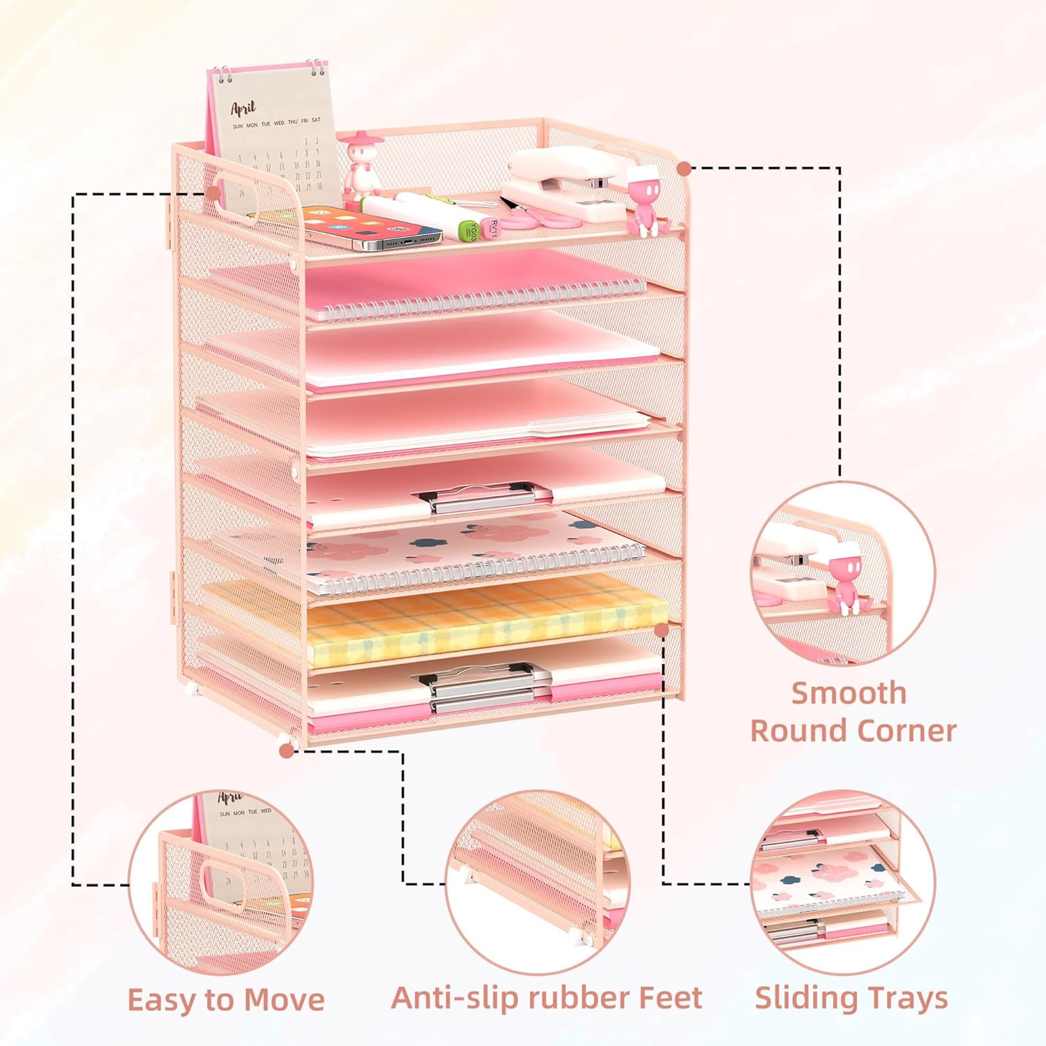INTIGE 8-Tier Metal Desk File Organizer with Handles, Desktop Paper Organizer, Pink