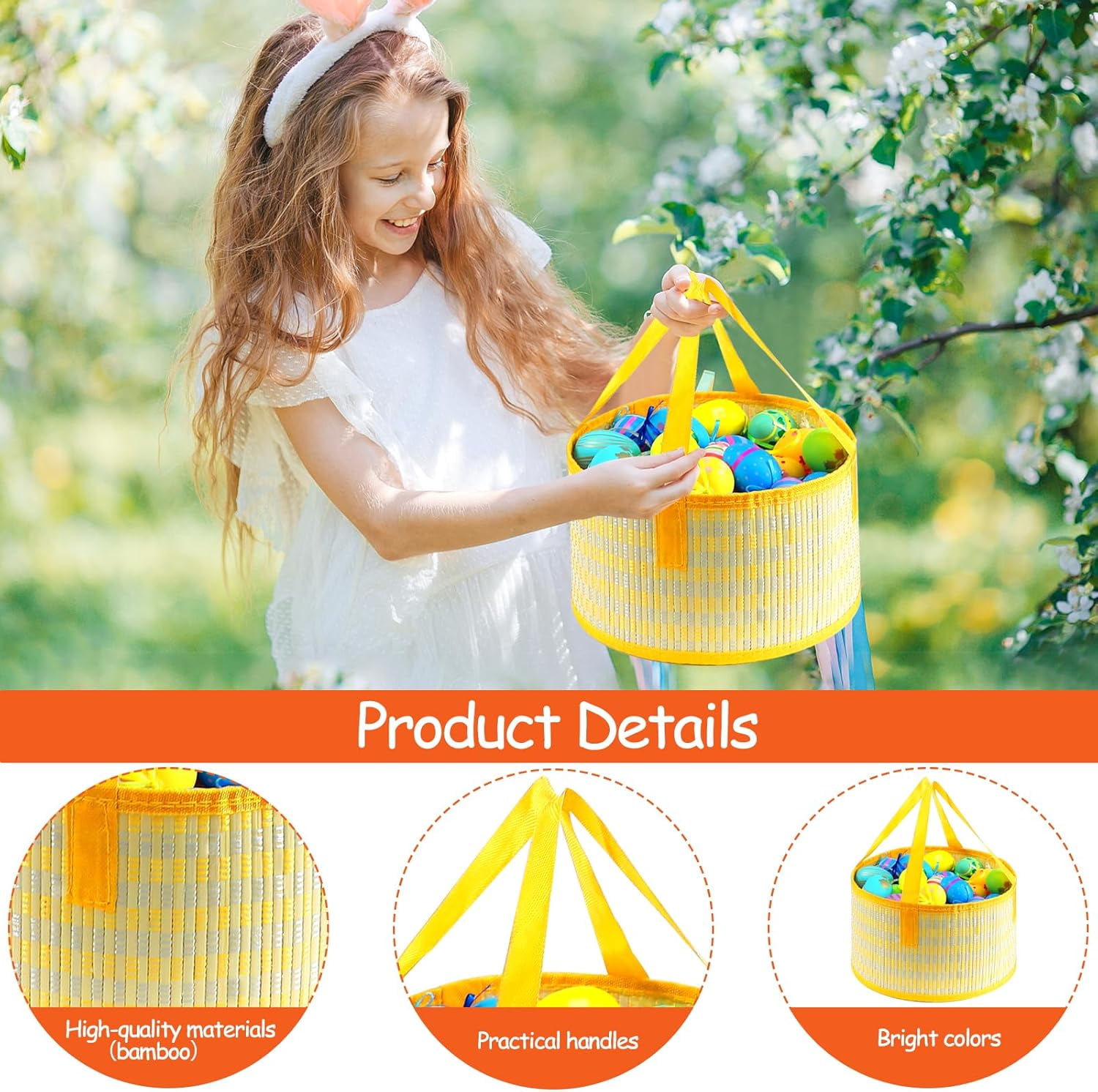 Foldable Easter Woven Bamboo Baskets Empty, 4 Pcs Easter Basket Bulk Set with Handle, Large Easter Baskets for Easter Egg Hunt Party Favor Picnic Supplies Gift Packing - Red Yellow Green Blue