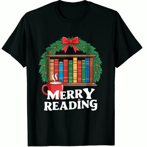 Christmas Bookshelf Coffee Merry Reading Holiday Design Black Graphic T-Shirt for Men and Women ,Tops Tee