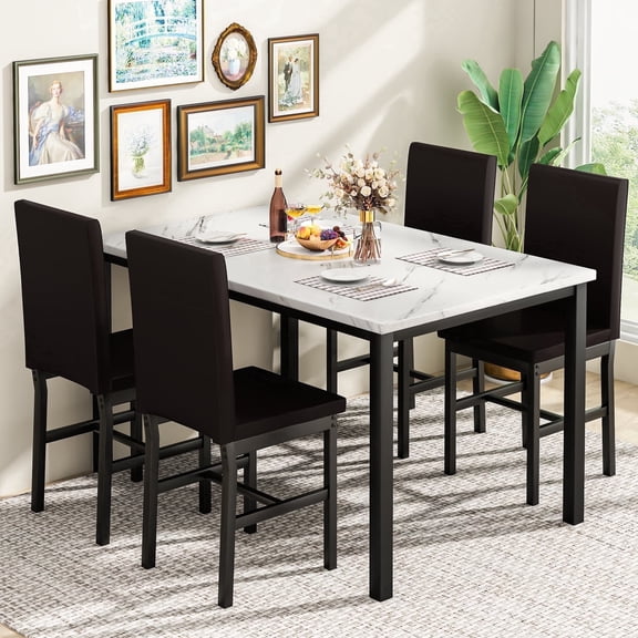 MIERES Modern 5-Piece Dining Set: Marble-effect dining table with PU leather dining chairs, perfect for a breakfast nook, kitchen, or dining room. Available in white or brown.