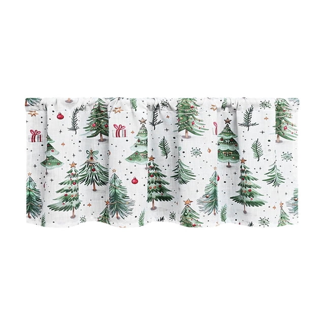 Christmas Kitchen Curtains 140 cm x 70 cm Green Christmas Tree Pattern Polyester Short Window Curtain with Rod Pocket