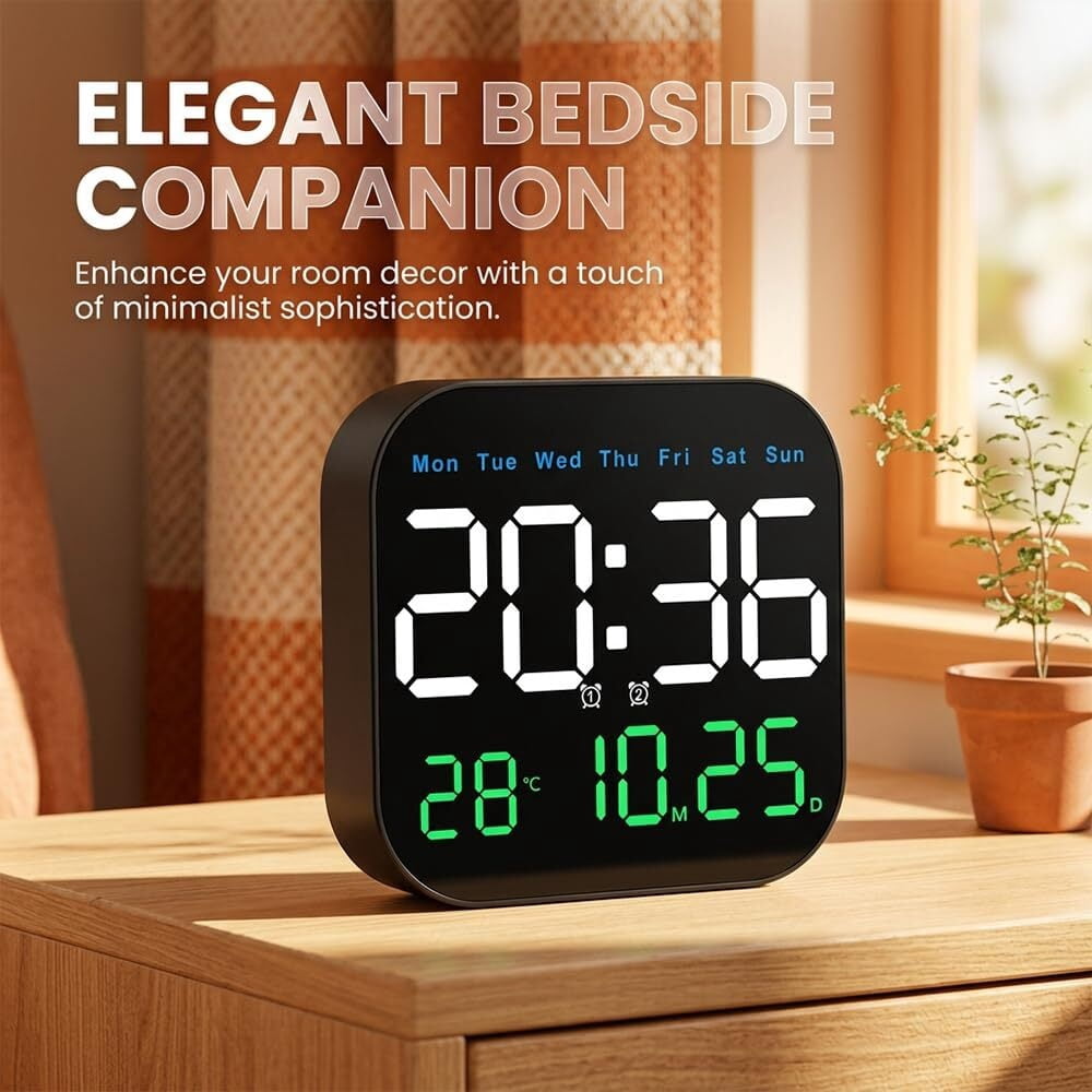 Digital Wall Clock Large Display 2026 | LED Alarm Clock with Remote, Temperature, Calendar Day, Dimmable Brightness, Timer | Battery Operated for Wall or Desk | Modern Home Bedroom Office