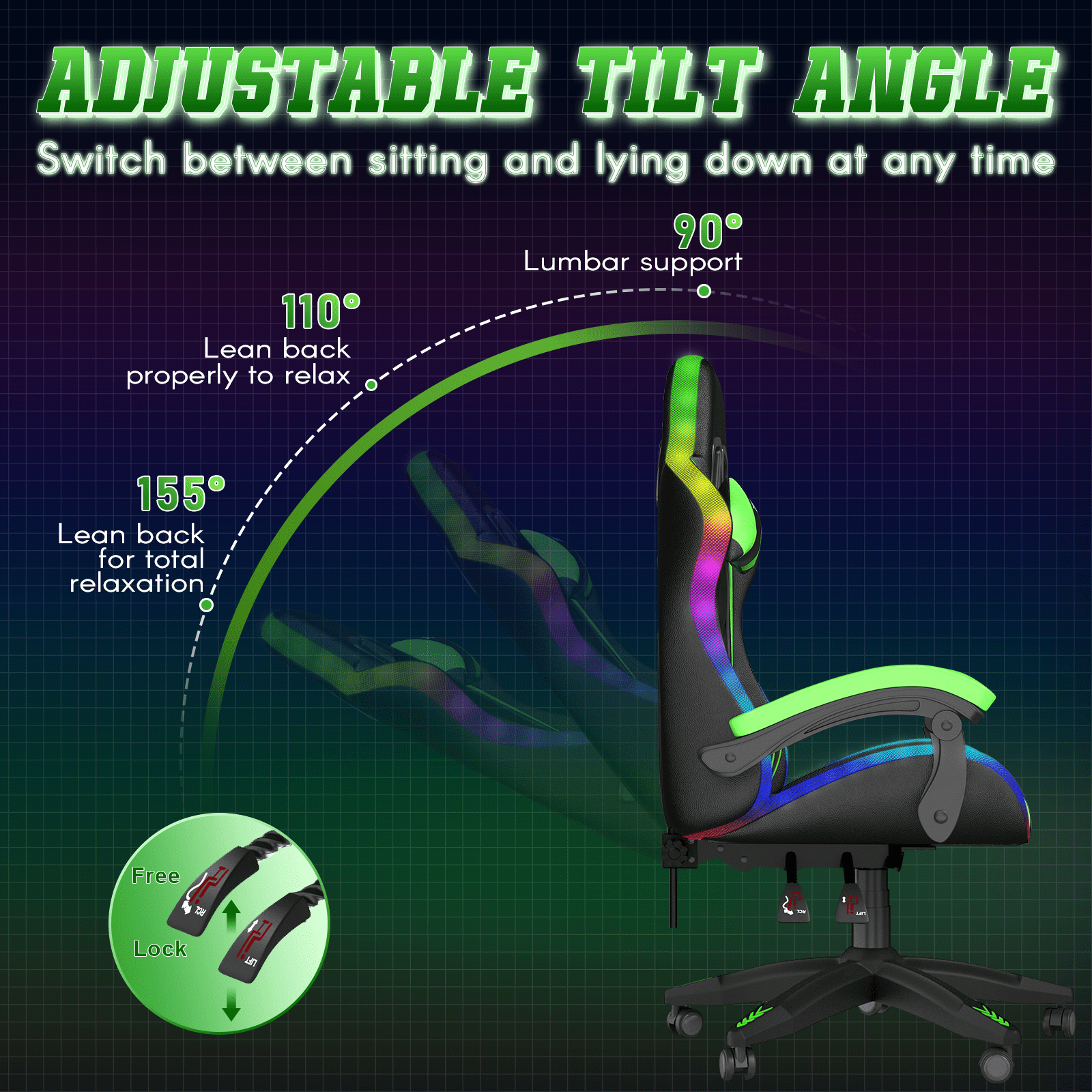 Bigzzia Gaming Chair with LED Lights Ergonomic Office Chair for Adults and Kids - Adjustable Height, 360° Swivel, Headrest Support, Mesh PU Leather, Black & Green
