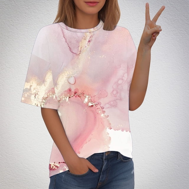 Fiudx Ofertas Flash Del Día Camiseta Estampada a La Moda para Mujer, Blusa de Manga Corta, Tops Informales con Cuello Redondo