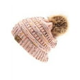 thumbnail image 3 of MIRMARU Women's Soft Stretch Cable Knit Warm Outdoor Skully Faux Fur Pom pom Beanie Hats (Conffeti-Blush), 3 of 4