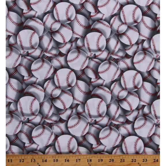 Cotton Baseballs Allover Sports Players Balls Athletes Homerun White Cotton Fabric Print by the Yard (SPORT-C2159)