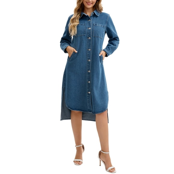 INSPIRE CHIC Women's Dress Denim Button Down Curved Hem Long Sleeve Midi Jean Shirt Dresses M Blue