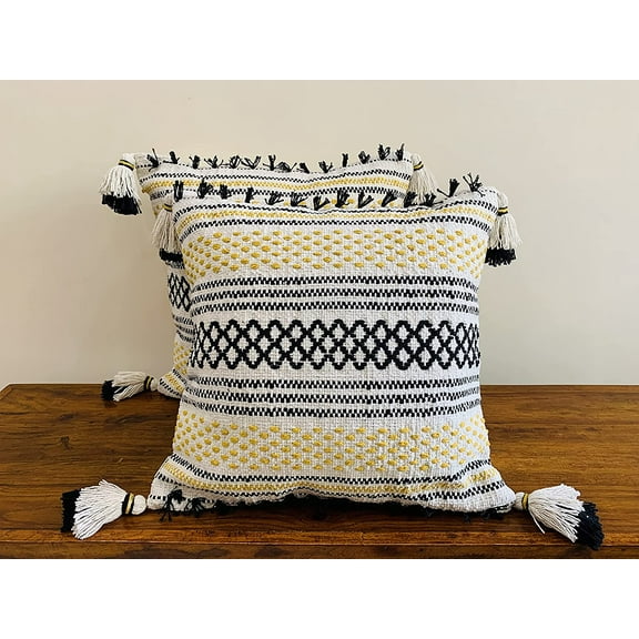 Nature4u Set of 2 Boho Throw Pillow Covers for Couch , 18 x 18 Inch Cotton Hand-Woven Tufted Decorative Pillows Covers Bedroom Living Room, Farmhouse Color: Black & Ochre with handcrafted Tassels