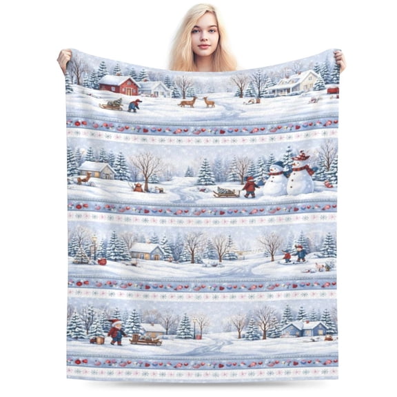 Winter Village Scenic Throw Blanket, Snowy Landscape Holiday Print Soft Cozy Blanket for Sofa Couch Bed, Seasonal Home Decor 50x40