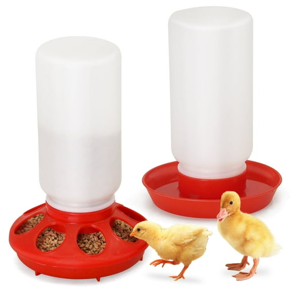 Chicken Feeder and Waterer Set Automatic Baby Chick Starter Kit with 1L Feeder and 1L Chick Waterer no Waste Poultry Coop Accessories Supplies for Chicks, Quail, and Ducks (Red)