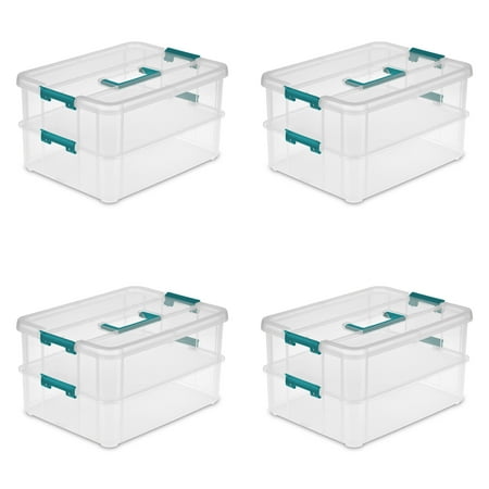 2 Plastic Carrying Case - Sterilite, Stack & Carry 2 Layer Handle Box, Case of 4