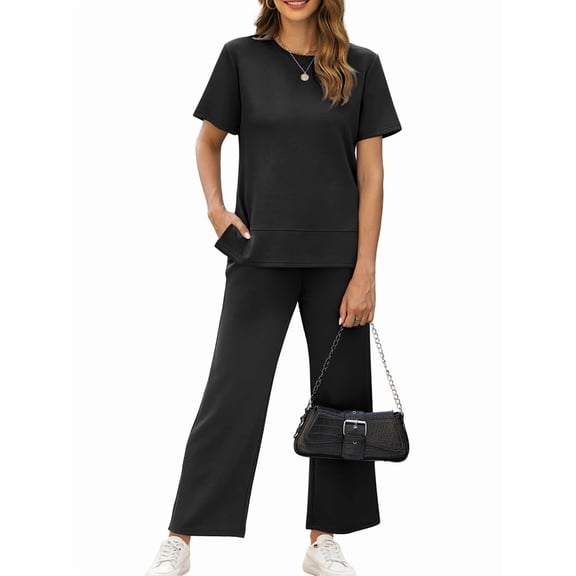 Women'S Two-Piece Home Wear Casual Short-Sleeved Sportswear Suit Sportswear Wide-Leg Pants Suit Black XXL