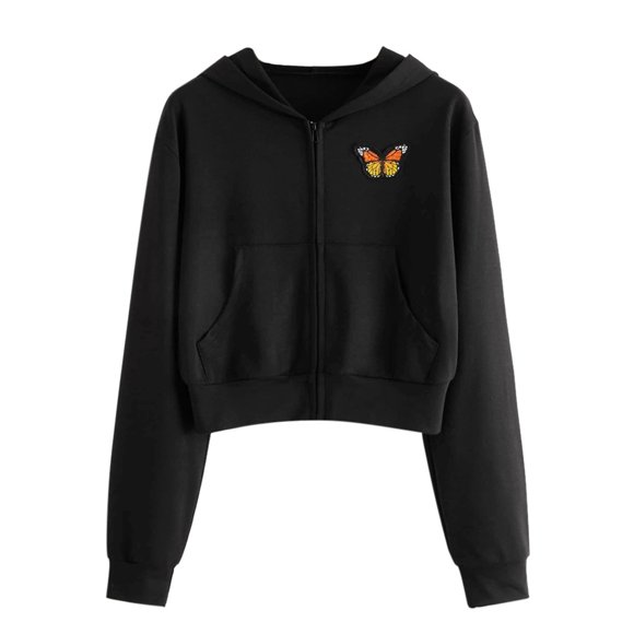 HNMKIU Blue Hoodie Women Embroidery Long Sleeve Zipper Pocket Shirt Hooded Sweatshirt Top