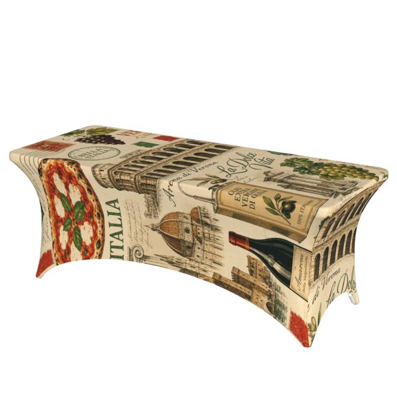 Italian Culinary & Architecture Pattern Stretch Rectangular Table Cover 6FT Elastic Fitted Tablecloth for Parties, Weddings, Banquets