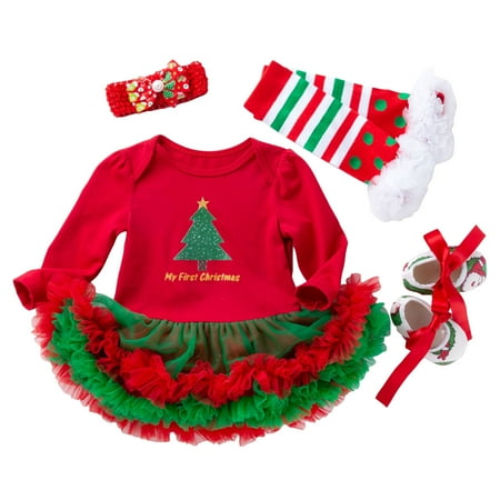

EHTMSAK Newborn Infant Baby Toddler Girl Christmas Long Sleeve Outfits Clothing Set One Piece Dress Bodysuit and Shoes Tights Set with Headband Green 0-2Y 66