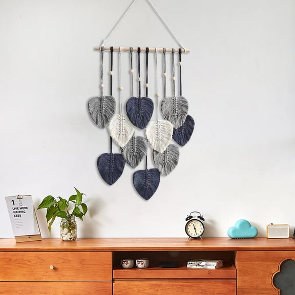Handmade Macrame Wall Hanging with Leaves - Large Boho Cotton Yarn Tapestry Art Decor for Nursery, Bedroom & Living Room (Grey)