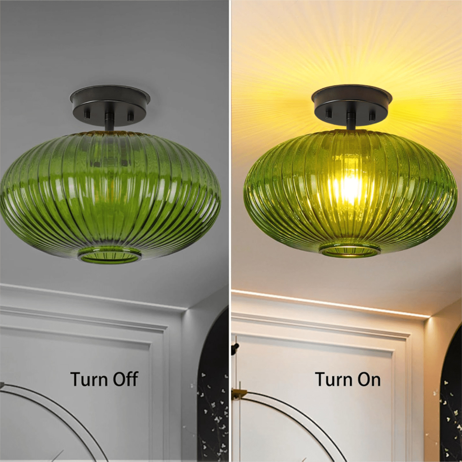 Green Ribbed Glass Semi Flush Mount Ceiling Light, E26 Base Close to Ceiling Fixture for Hallway, Bedroom & Kitchen
