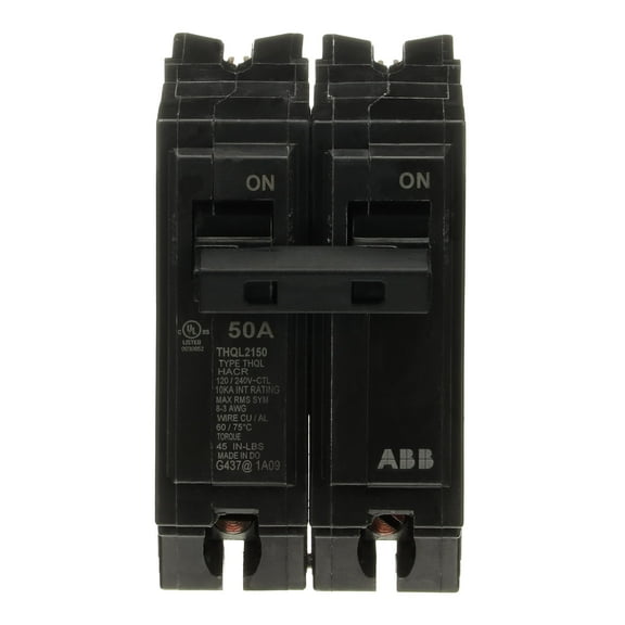 ABB Q-Line® THQL2150 50A Circuit Breaker • 50 Amp Double Pole Breaker, 120/240 VAC, 10 kAIC • Thermal Magnetic Trip • Long-Time & Instantaneous Protection (LI) • Plug-in Mount