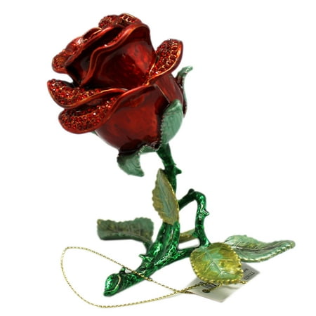 Encrusted Rose - Elegant Red Rhinestone Encrusted Rose Bloom Keepsake Box Figure