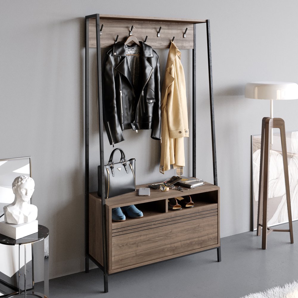 Decorotika Devin 71" Metal Hall Tree Shoe Storage Bench, Walnut & Black