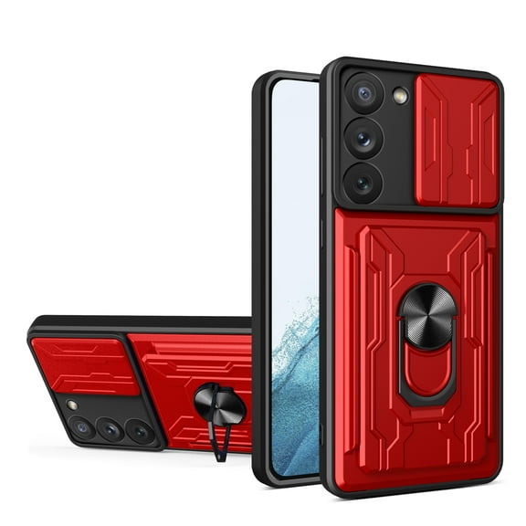 Tarise Wallet Case for Samsung Galaxy S23 Plus 5G with Camera Cover & Kickstand,Slide Lens Protection Card Holder Slot 360°Rotate Ring Hybrid Rugged Bumper Case Cover for Samsung S23+ 5G, Red