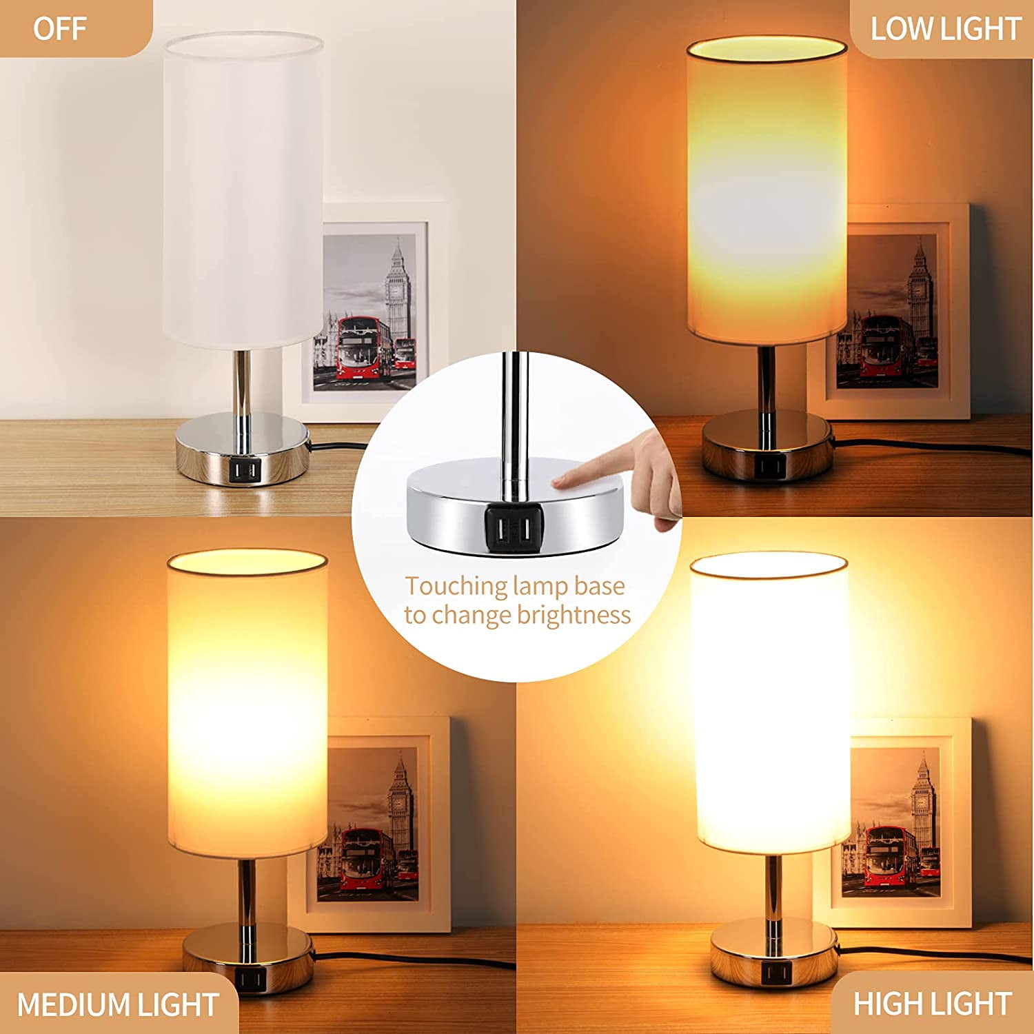 3-Way Dimmable Touch Control Small Metal Table Lamp with USB Ports