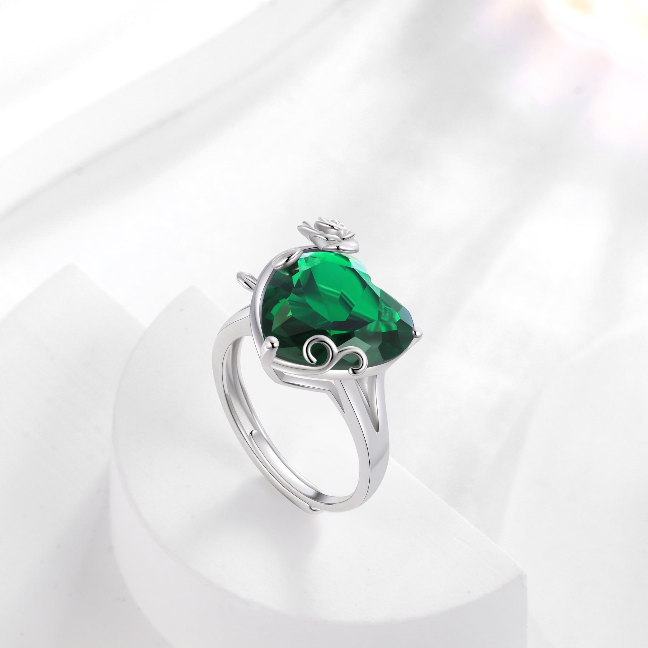 Juwaliy 9Ct Women Heart Ring 925 Sterling Silver Rose Flower May Birthstone Emerald Green Solitaire Ring Jewelry Birthday Mother's Day Gift