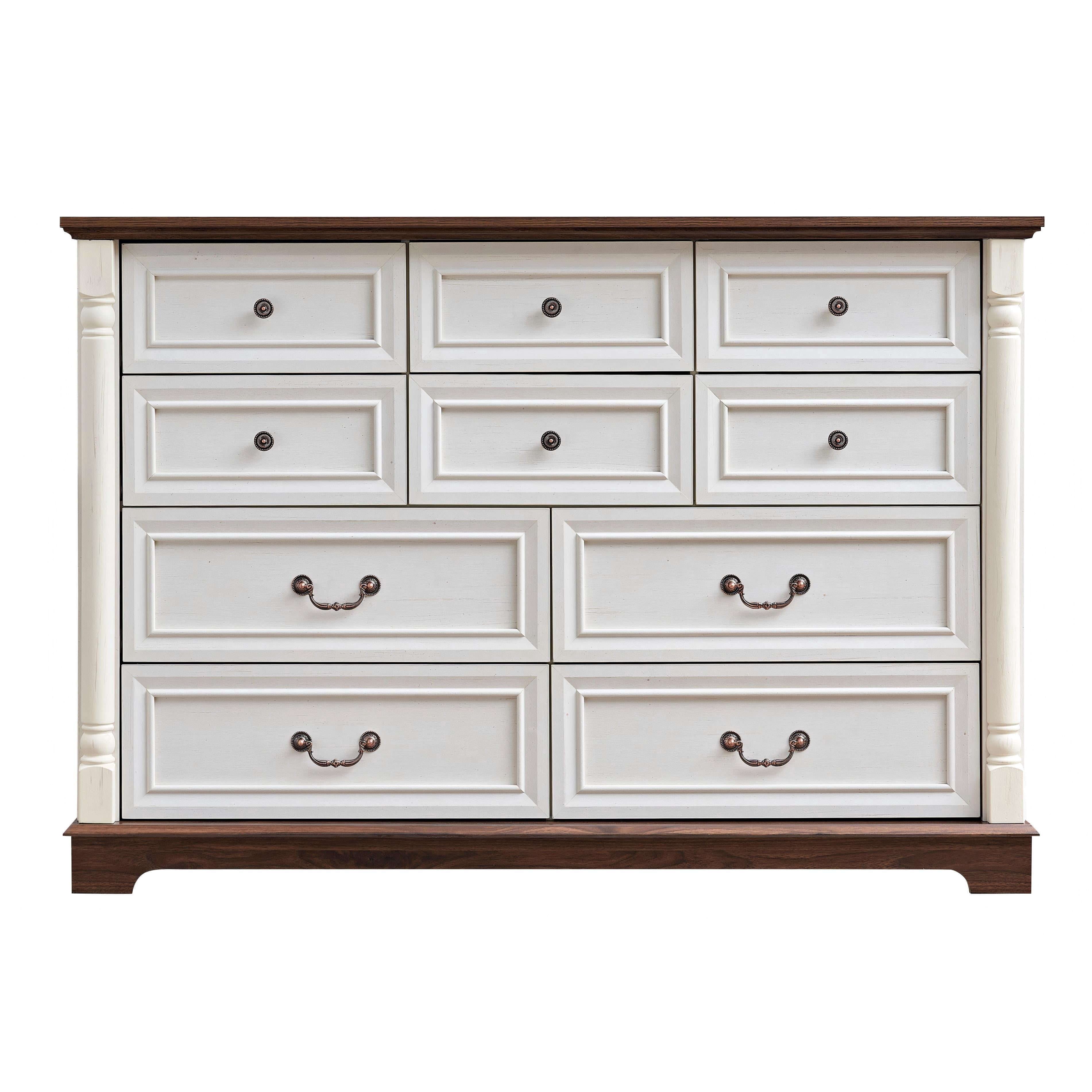 AENKYO 10-Drawer Wide Dresser, Extra Large Vintage Farmhouse Drawer Chest for Bedroom or Living Room, Antique White