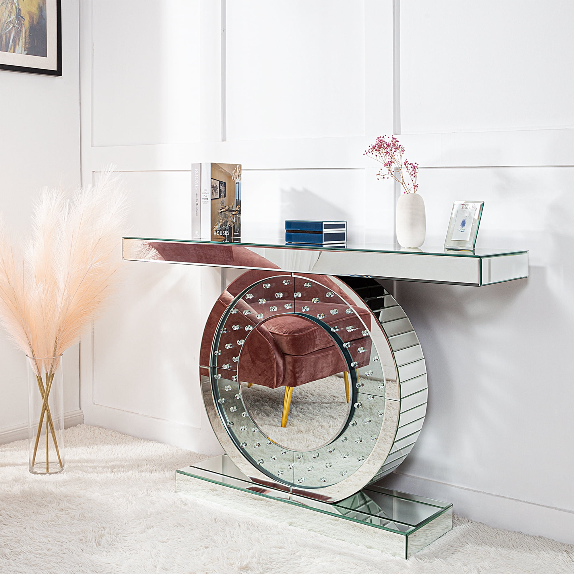 Entrance Table Silver Console Table Mirrored Accent Table with O-Base Rectangle Crystal Table for Living Room Hallway