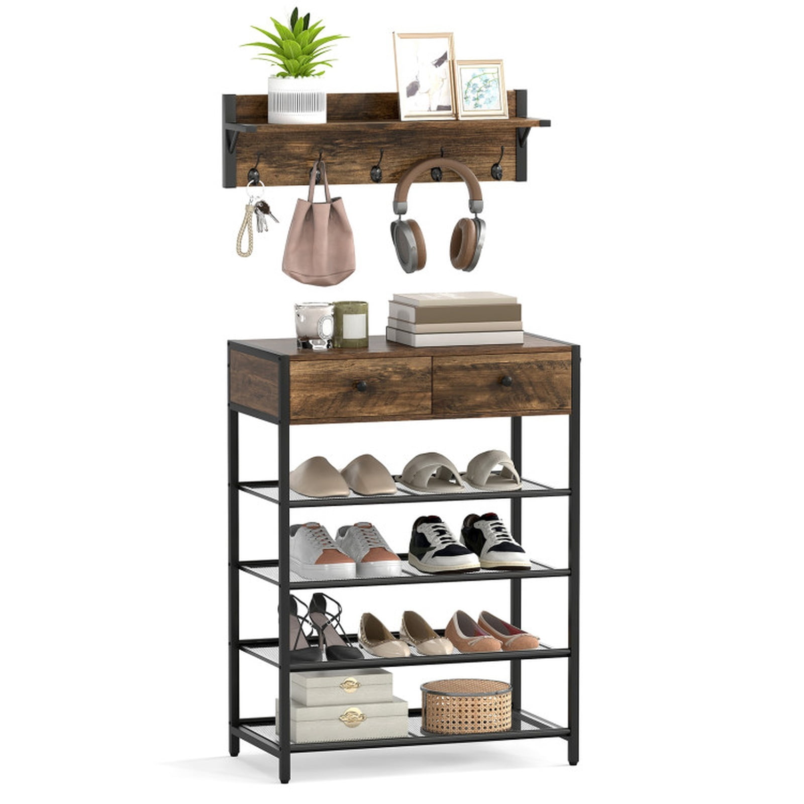 Furnibear 2 Piece Coat and Hat Rack Shoe Stand Set with Wall Mounted Hanger 5 Hooks Floating Shelf 2 Drawers and 4 Mesh Shelves for Entryway, Brown