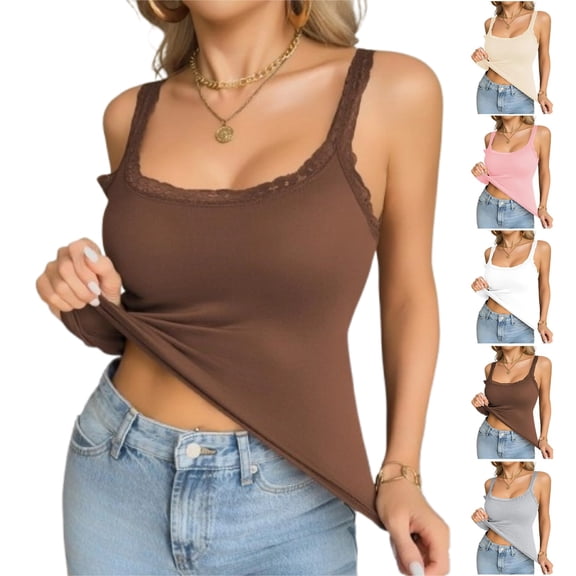 Built in Bra Tank Tops for Women Square Neck Sleeveless Tank Tops with Padding Casual Wide Strap Undershirt Daily Wear Brown M