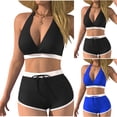 thumbnail image 2 of Bosfbaoi Swimsuit for Women 2-Piece Halter Bikini Set Contrast Trim Wrap Top Drawstring Swim Shorts Vacation Bikini Sets for Women, 2 of 5