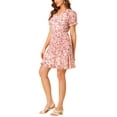 thumbnail image 4 of INSPIRE CHIC Women's Floral Puff Sleeve V Neck Drawstring Ruched Ruffle Dress Pink XS, 4 of 7