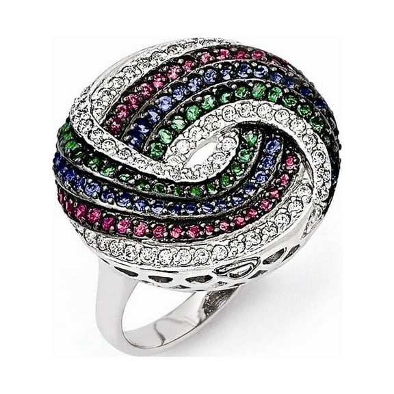 Sterling Silver Black Rhodium Blue Green Glass Synth. Ruby and Cubic Zirconia Ring - Size 7 - Measures 22mm Wide