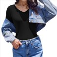 thumbnail image 3 of Camiseta Básica Ajustada de Punto Acanalado con Cuello en V y Larga para Mujer Negro XL, 3 of 7