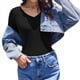 thumbnail image 3 of Camiseta Básica Ajustada de Punto Acanalado con Cuello en V y Larga para Mujer Negro L, 3 of 7