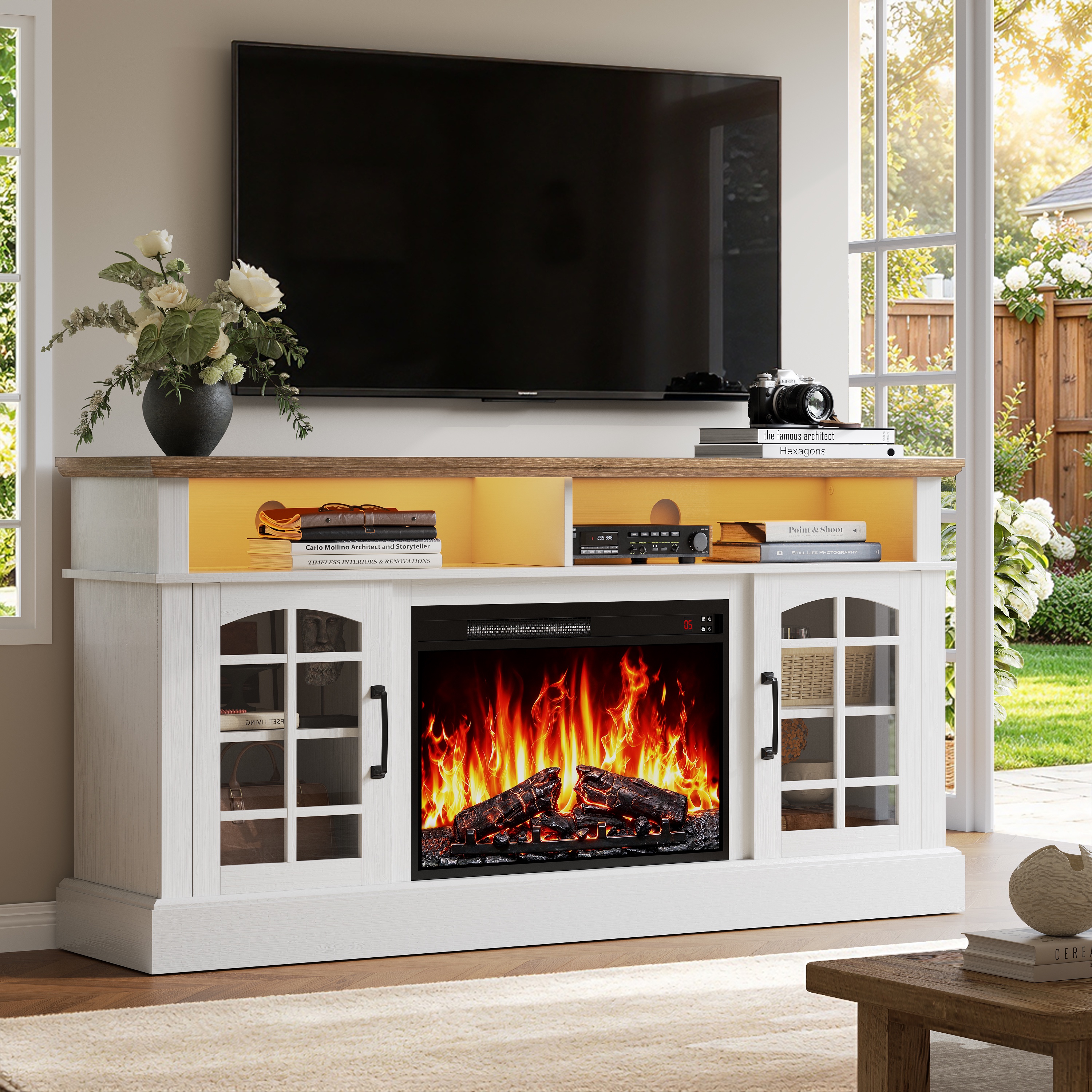 Paproos 65" Electric Fireplace TV Stand with LED Lights, Brown photo 1