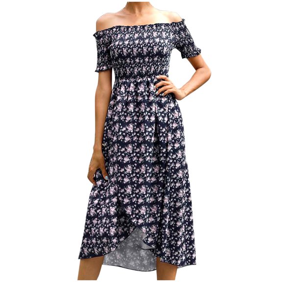 Fesfesfes Off Shoulder Spring Dresses for Women Floral Print Short Sleeve Dress Pleated Tube Top Midi Dress Beach Sun Dress Ruffled Cut Knee Length Dress